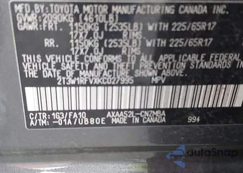 2019 Toyota Rav4 Xle из США, поврежденный, VIN 2T3W1RFVXKC027995